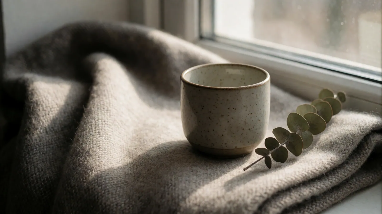 A speckled stoneware cup on a folded grey wool blanket beside a window in morning light.
