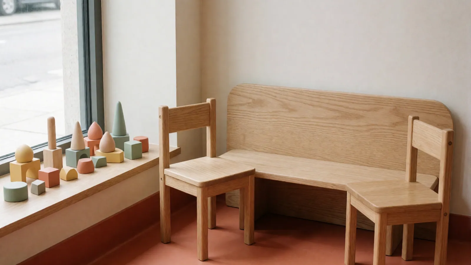 The corner built for young patients: a pale oak bench with two small chairs, and a row of wooden blocks on the windowsill