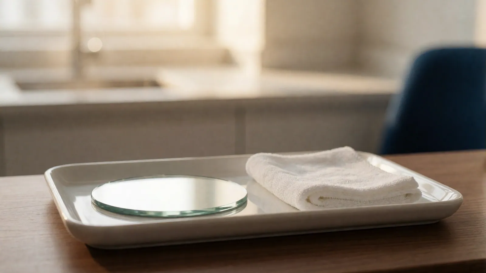 A white ceramic tray on a counter holding a round polished mirror and a folded cloth, in warm side light