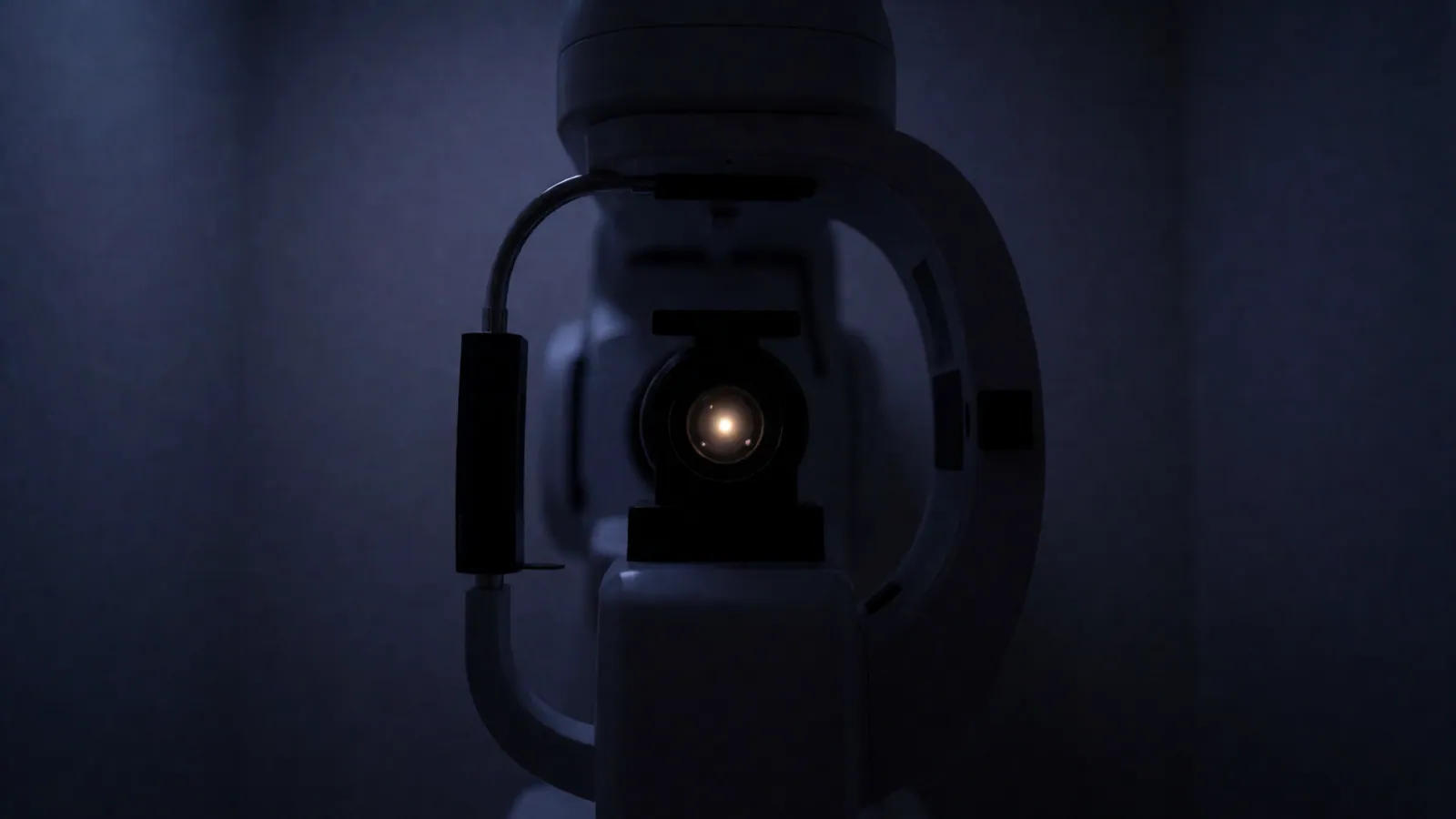 A darkened imaging room, the lens barrel of a retinal camera catching a single warm highlight with everything else in shadow