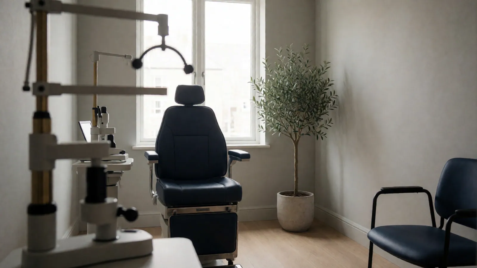 A consulting room from the doorway, the examination chair by the window, an instrument arm out of focus in the foreground, a small olive tree in a pot
