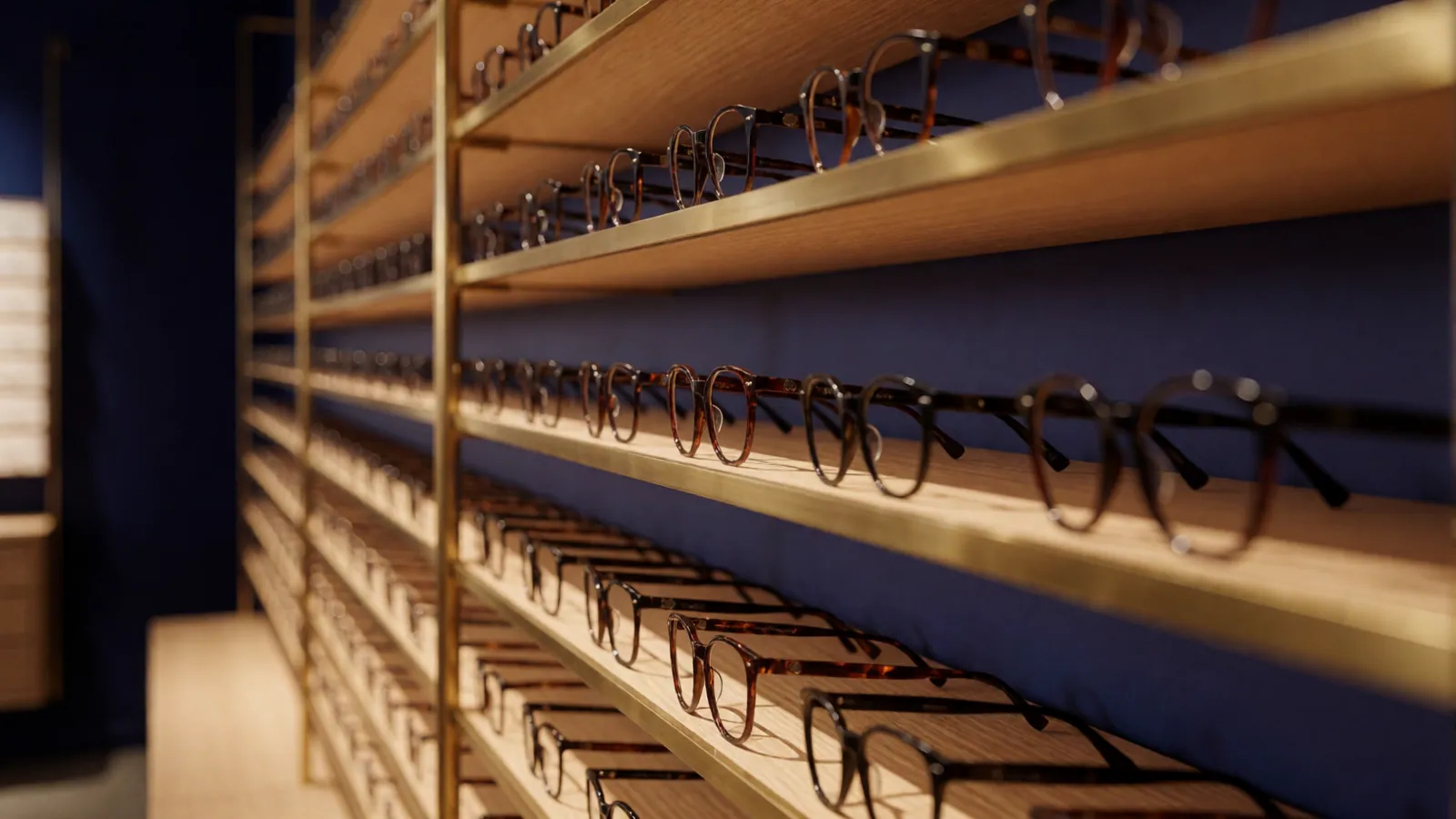 The frame wall seen along its length, pale oak shelves with brass rails receding into soft focus against a deep indigo wall