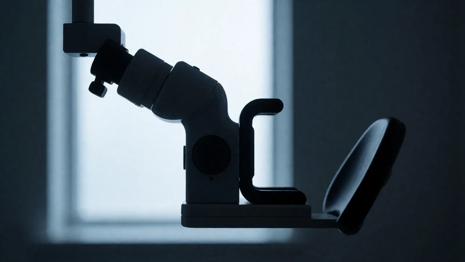A dark instrument in silhouette against a bright window, its optical head and chin rest reduced to clean shapes