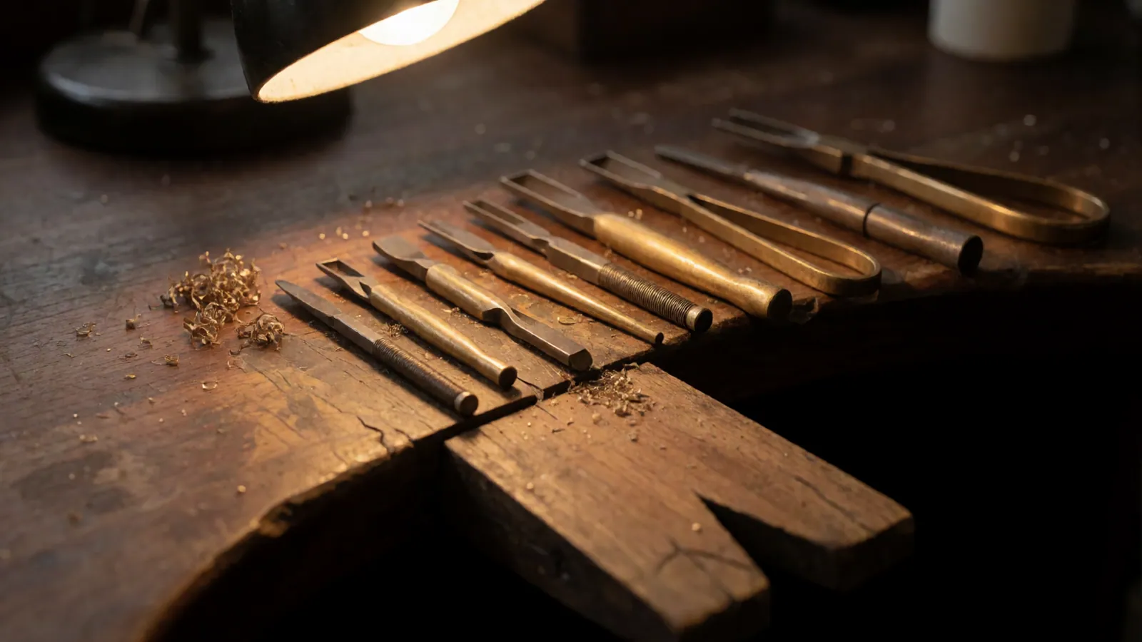 The optician's bench: small brass and steel hand tools laid in a row on a worn walnut top under a task lamp, with fine metal shavings