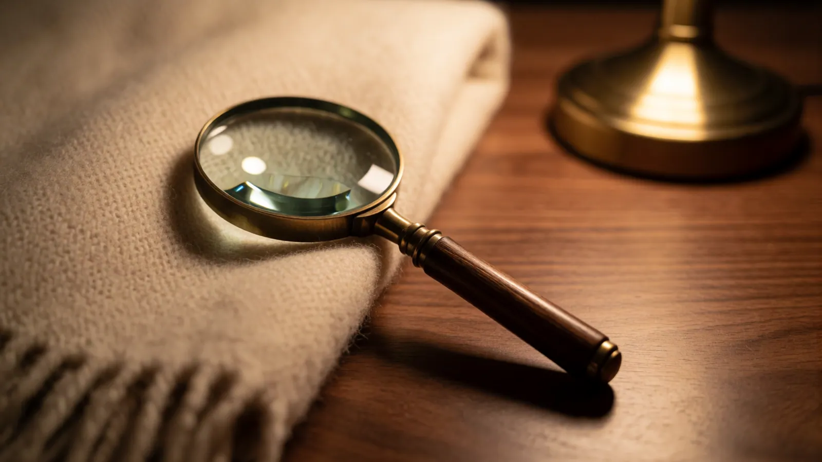 A brass-handled magnifying glass resting on a folded cream wool blanket beside a lamp on a walnut table