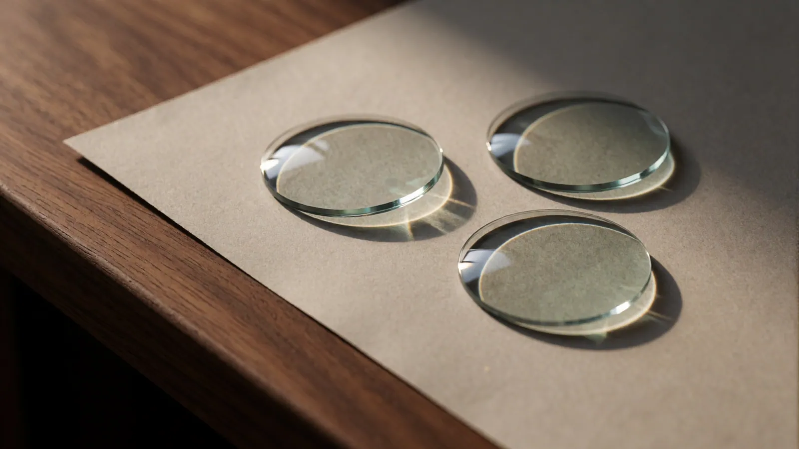 Three unmarked round lenses lying on warm grey paper on a walnut desk, throwing clean rings of light