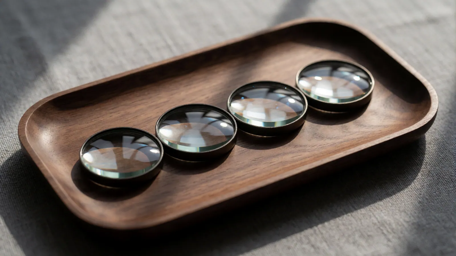 Four unmarked round lenses in slim rims arranged in a row in a shallow walnut tray on grey linen