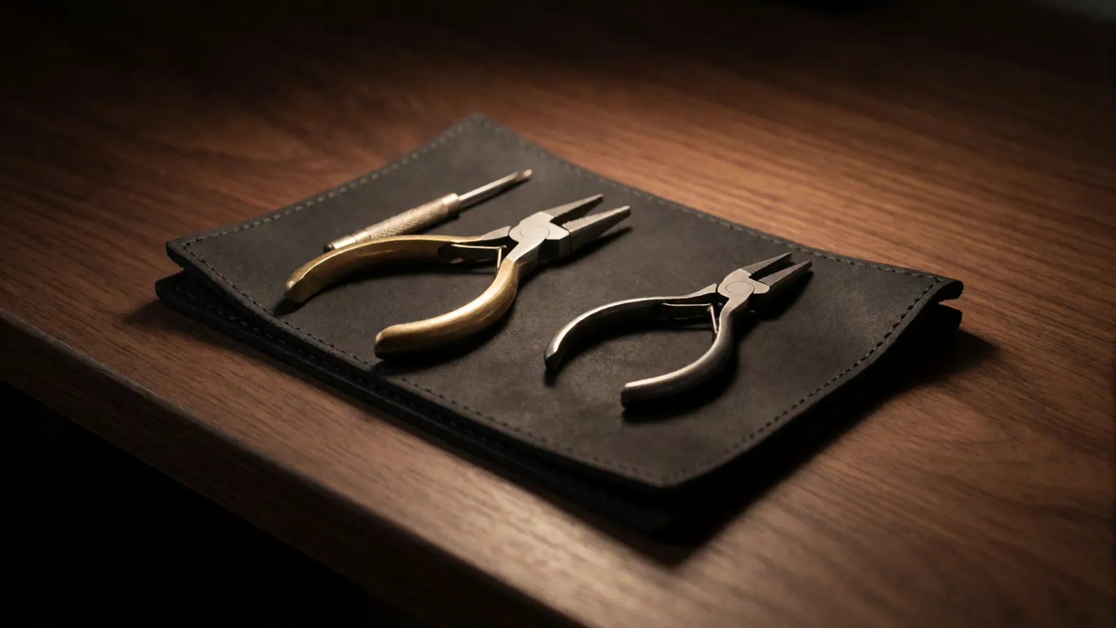 Small brass and steel pliers and a screwdriver laid on a folded charcoal leather mat on a walnut bench