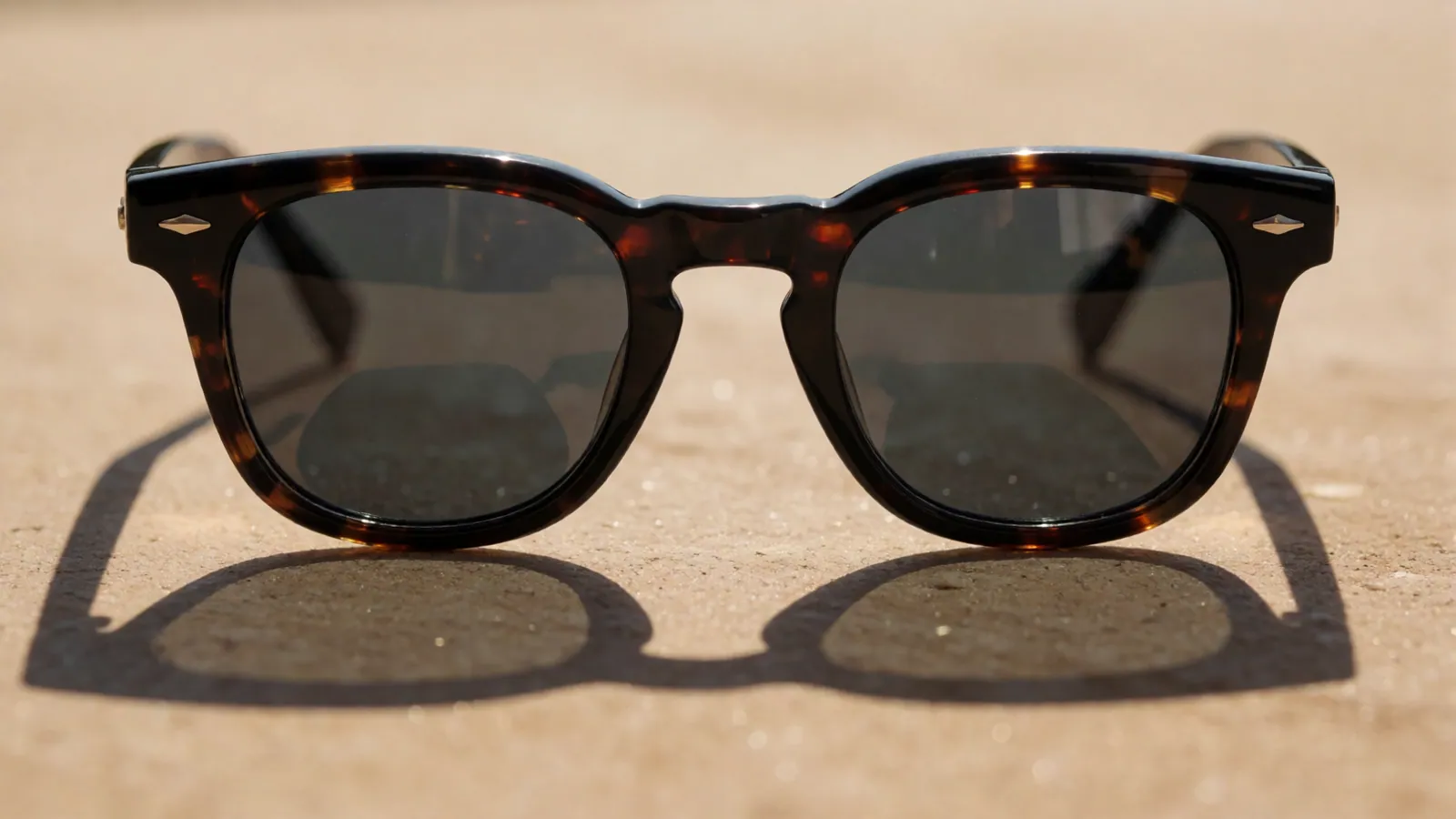 The front of a pair of dark tortoiseshell sunglasses on sand-coloured stone in bright sun, casting a long shadow