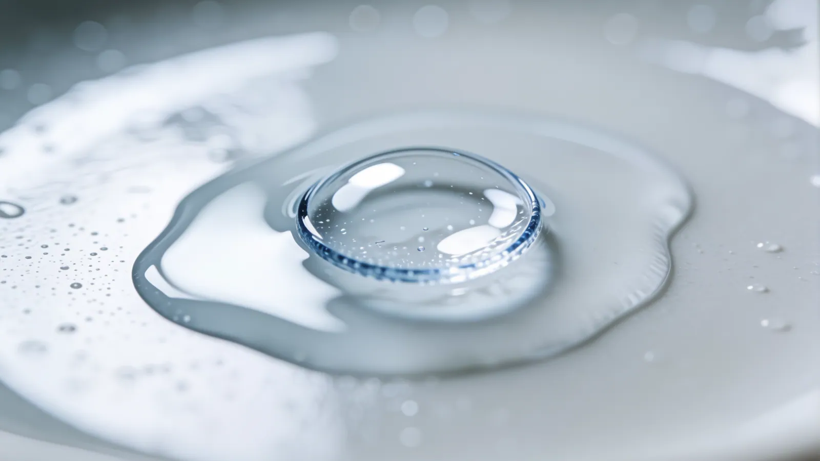 A single clear contact lens resting in a bead of water on white ceramic, with one bright highlight