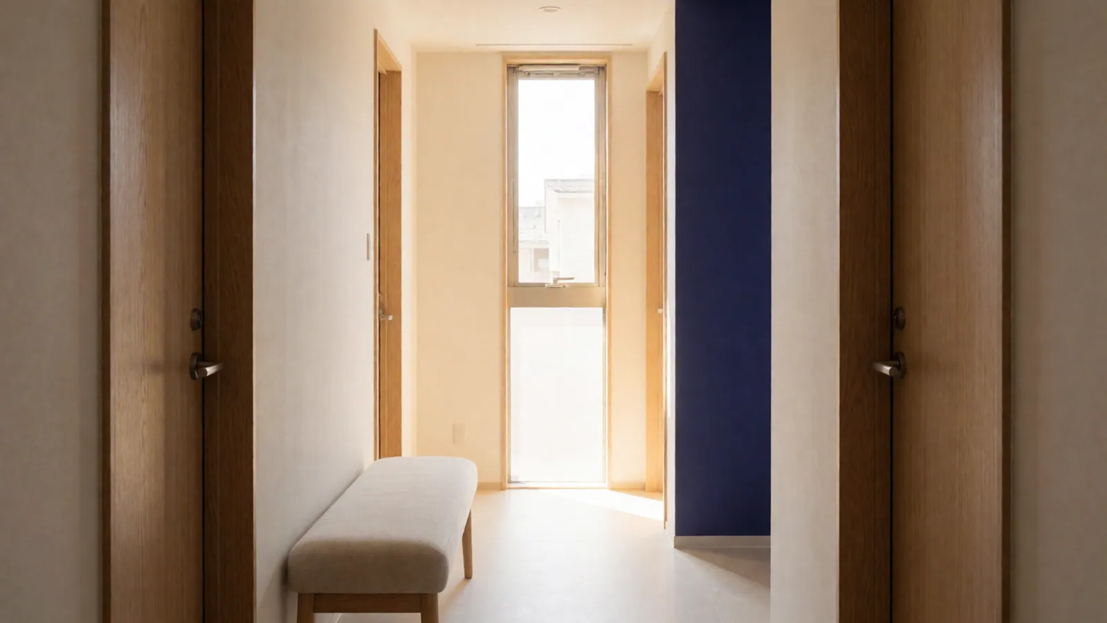 A bright staff corridor with pale oak doors, a long linen bench, and a tall window at the end throwing light down the floor